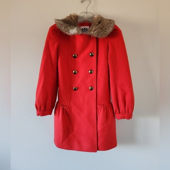 JUICY COUTURE | Wool coat fur collar red sz 8 10 - Picture 1 of 4